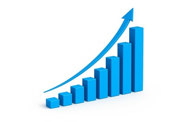 Blue bar graph with upward trending arrow showing positive growth and increasing success on white background
