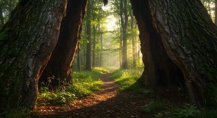 Enchanted forest path framed by hollow tree trunks with morning sunlight and mist, serene woodland nature landscape