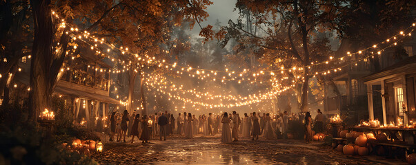 Obraz premium Hosting a harvest-themed dance party, October 30th, music and dancing under fall lights, 4K hyperrealistic photo.