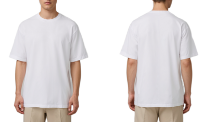 Front and back views of a man wearing a plain white oversized t-shirt.