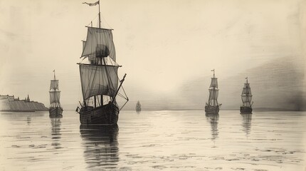 18th Century Ship Fleet in the Harbor
