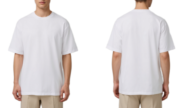 Front and back views of a man wearing a plain white oversized t-shirt.