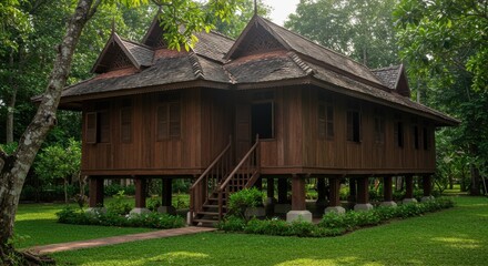 Traditional Burmese Wooden House in Lush Green Surroundings: Architectural Marvel of Southeast Asia