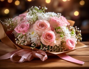an elegant bouquet with soft pink roses, white ranunculus, and baby's breath, wrapped in brown craft paper with a pale pink satin ribbon, placed on a rustic wooden table