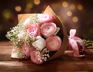 an elegant bouquet with soft pink roses, white ranunculus, and baby's breath, wrapped in brown craft paper with a pale pink satin ribbon, placed on a rustic wooden table