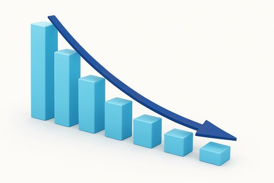 Blue bar graph showing a sharp downward trend with a descending arrow indicating a decline