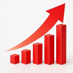 Red arrow pointing upwards over a bar graph showing increasing growth and positive financial performance