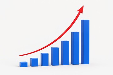 Blue bar graph with a red arrow indicating upward trend and financial growth on a white background