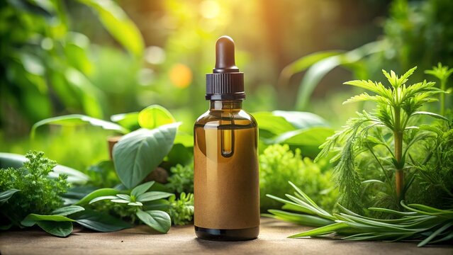 A glass bottle with a dropper filled with essential oil sits surrounded by fresh herbs and green foliage in a natural setting
