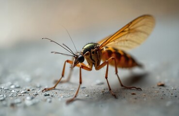 Macro view of biting midge insect, also known as no-see-um. Small arthropod features delicate wings, multiple legs, detailed antennae. Observe compound eyes, textured body, common in nature