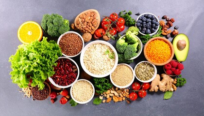 Healthy food for clean eating selection: fruit, vegetable, seeds, nuts, and superfoods on a gray background. Balanced diet, vegan, and wellness concept.