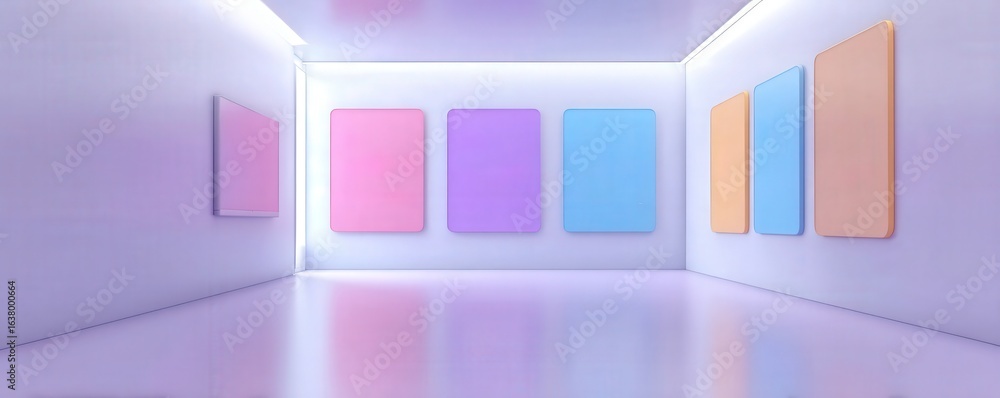 Poster marketing metrics reach concept. minimalistic gallery with colorful abstract art on the walls.