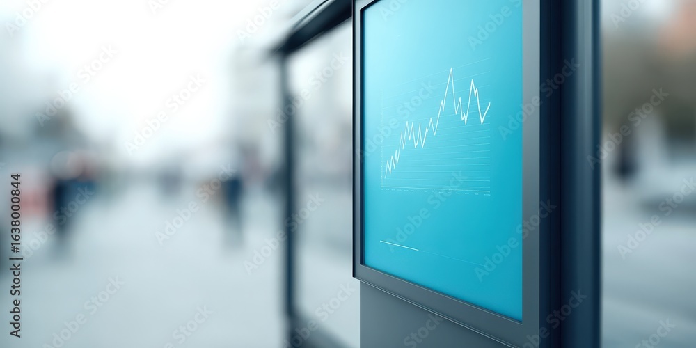 Poster marketing metrics reach concept. graph displaying market trends in a busy urban setting.