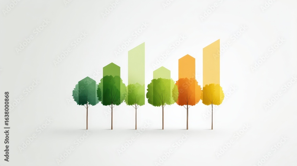 Poster marketing metrics reach concept. stylized trees with colorful growth bars representing progress.