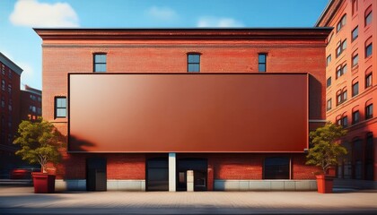 red brown brick building on the building is a long rectangular blank sign mockup