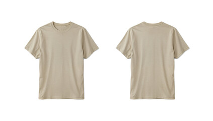 Two beige t-shirts, front and back views, displayed against a clean white background.