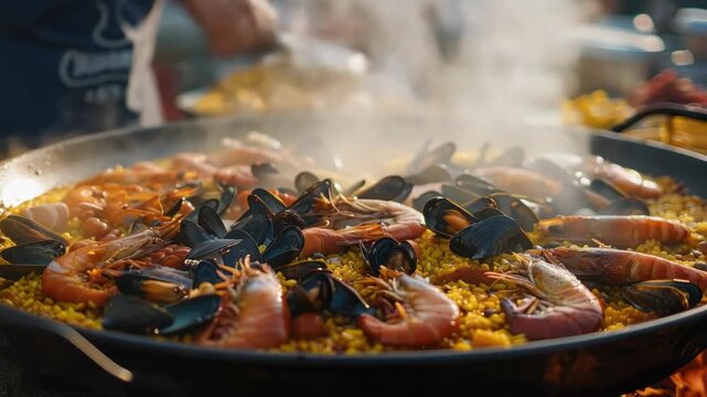 A delicious seafood paella being cooked over an open flame, featuring mussels and shrimp as the main ingredients.