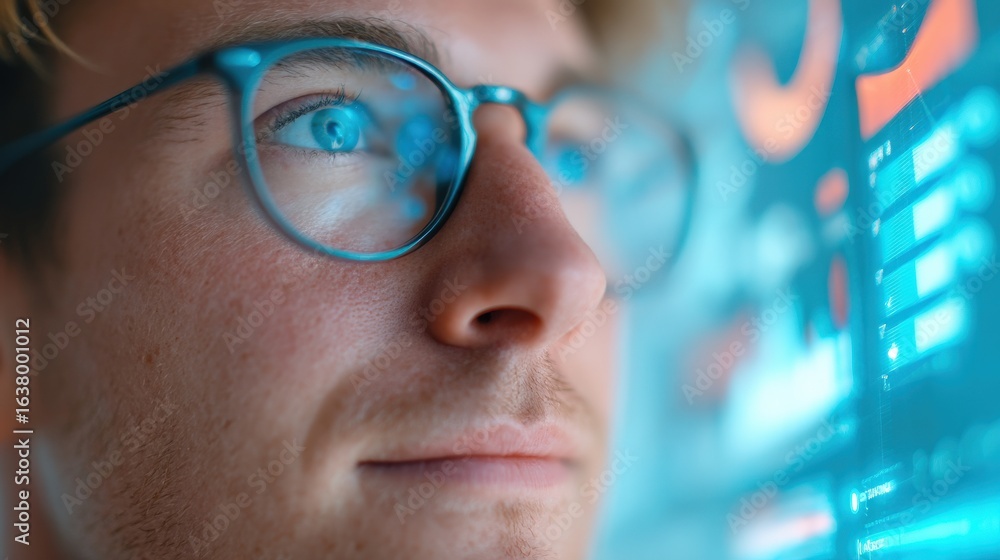 Poster marketing metrics reach concept. focused man with glasses analyzing data on a digital screen.