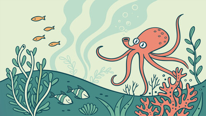 Fototapeta premium Cartoon underwater scene with an octopus, coral, seaweed, fish, and a seashell on the ocean floor
