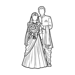 Fototapeta premium Minimal Hindu Wedding Bride Bouquet Groom Behind Vector Illustration