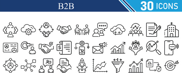 B2B icon set line editable stroke. Business to business, supplier, commerce, vendor, enterprise, partnership, manufacturer, purchase order, supply chain and more. Vector icons collection.