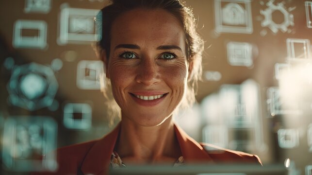 Woman smiles at the futuristic interface.