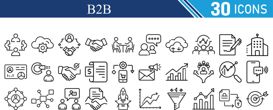 B2B icon set line editable stroke. Business to business, supplier, commerce, vendor, enterprise, partnership, manufacturer, purchase order, supply chain and more. Vector icons collection.