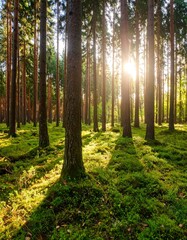 Obraz premium Sunlit pine forest with mossy ground; sunlight streams through the trees casting shadows