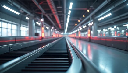 Modern airport baggage handling system with technologically advanced carousel, conveyer belts. Automated, efficient facility features industrial machinery, clean organized lines, architectural design