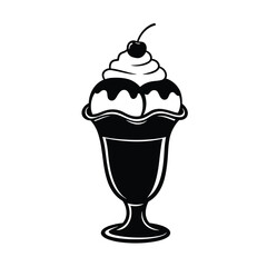 Black and white illustration of a classic ice cream sundae with cherry on top