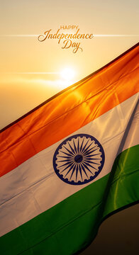 Happy Independence Day India. Vertical shot of Indian National Flag waving in the air on a sunny day.