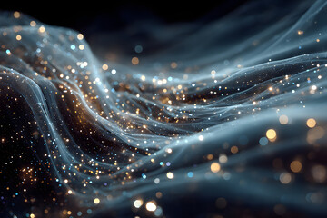 透明な美容成分の粒子が輝く未来的なイメージ – 潤い・浸透・サイエンス / Futuristic Image of Glowing Transparent Beauty Particles – Moisture, Absorption, Science