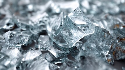 Close-up of fractured, transparent, and angular crystalline shards, reflecting ambient light.
