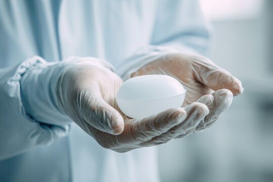A person wearing a white lab coat and gloves holds a white egg in their hands. The background is blurred, suggesting a laboratory setting. - Powered by Adobe