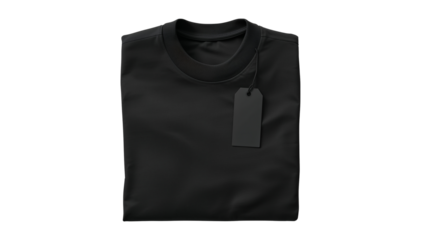 Folded black t-shirt with blank tag on black background for clothing brand promotion and