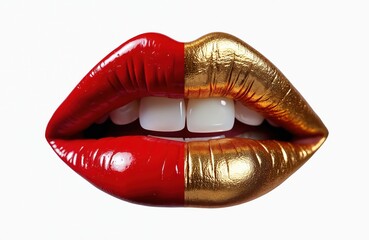 Glamorous lips feature bold red lipstick on one side, shimmering gold on. Perfectly formed mouth with white teeth visible, vibrant, sensual makeup look. High fashion beauty concept with striking