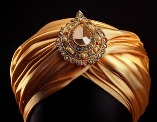 a golden turban adorned with jewels on a black background