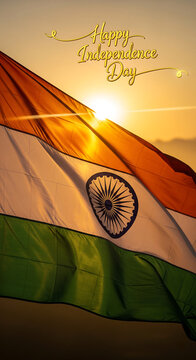 Happy Independence Day India. Vertical shot of Indian National Flag waving in the air on a sunny day.