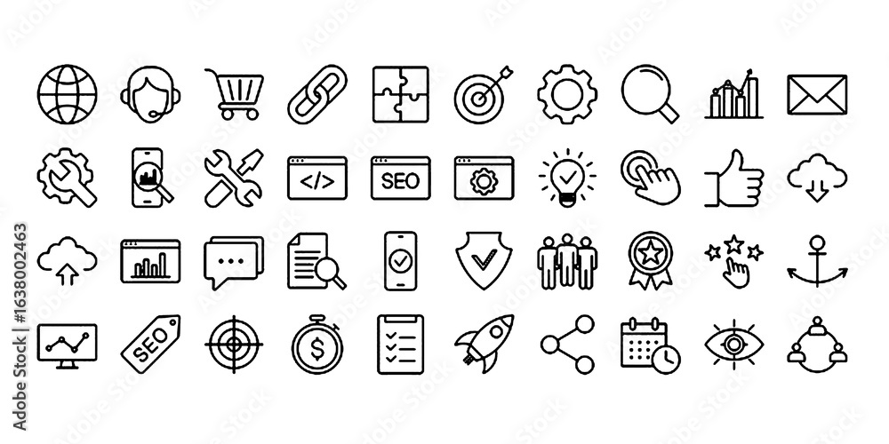 Wall mural seo vector icon set. search engine optimization line editable icons set. vector illustration in mode