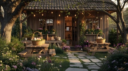 Obraz premium Wooden Cabin with Benches and Lounge Chair on Patio, Surrounded by Flowers and Plants, Outdoor Seating Area