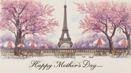 Mothers Day Greeting Card with Eiffel Tower, Cherry Blossom Tree, and Parisian Cafe