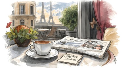 French caf&eacute; scene with a newspaper and coffee cup