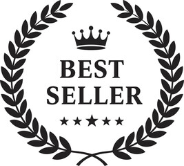 Obraz premium Best seller emblem, crown, stars, laurel wreath, black and white badge, award, premium, marketing, label