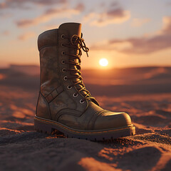 The image depicts a military boot in a desert landscape at sunset.