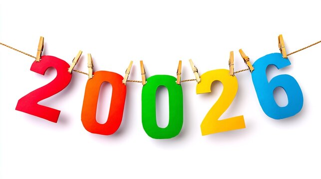 Colorful Numbers for the Year 2026, Hanging on a String with Clothespins, Isolated on White.