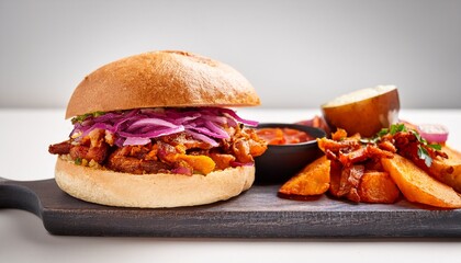 hispanic burger pan con chicharron peruvian breakfast sandwich crisp fried pork with fried slices of sweet potato and purple onion with salsa criolla in soft bread latino food on white background