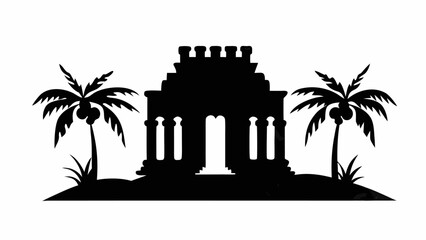 Silhouette of a building with columns and a flat roof surrounded by palm trees on an island scene