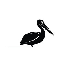 Black silhouette of a pelican standing on a line