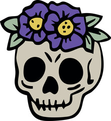 Skull with Purple Flower Crown Illustration. Happy Halloween