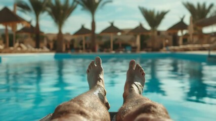 Footage of a man resting in the water of a pool with his feet raised. He appears to be on holiday at a resort or beachside location.